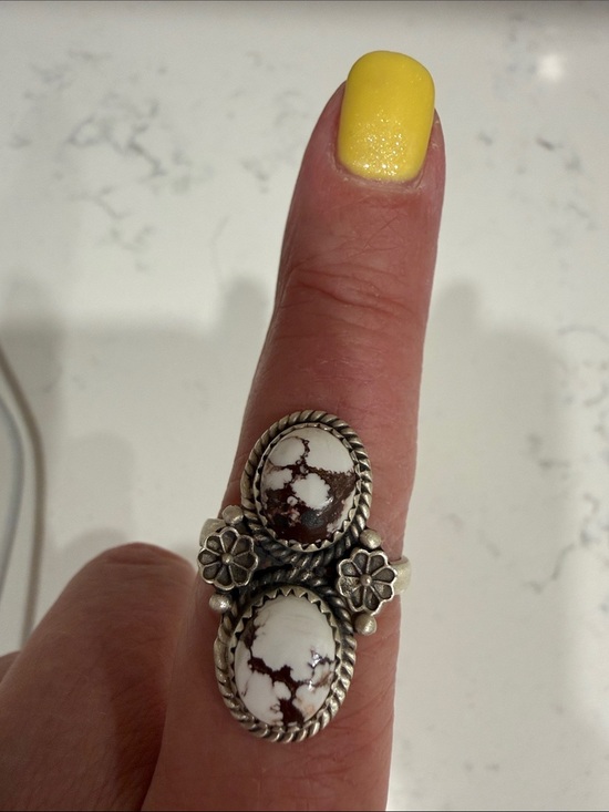 Jewelry - New Sterling  White and Brown wild horse Double Stone Floral Ring adjustable